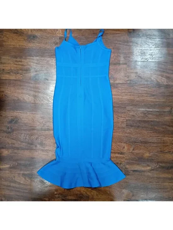 Maketina Mermaid Dress Women's M Blue Spaghetti Strap V-Neck Midi Cocktail Banda - Picture 4 of 9